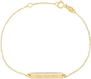 UNICORNJ 14K Yellow Gold Engravable Personalized Bar Pendant Necklace or Bracelet Polished Shiny on Cable Chain Italy