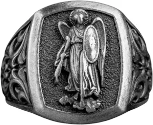 Unique Archangel Saintt Michael Silver Signet Men Ring, Religious Engraved Saint Michael Jewelry, Christian ring For Dad, Modern Men ring