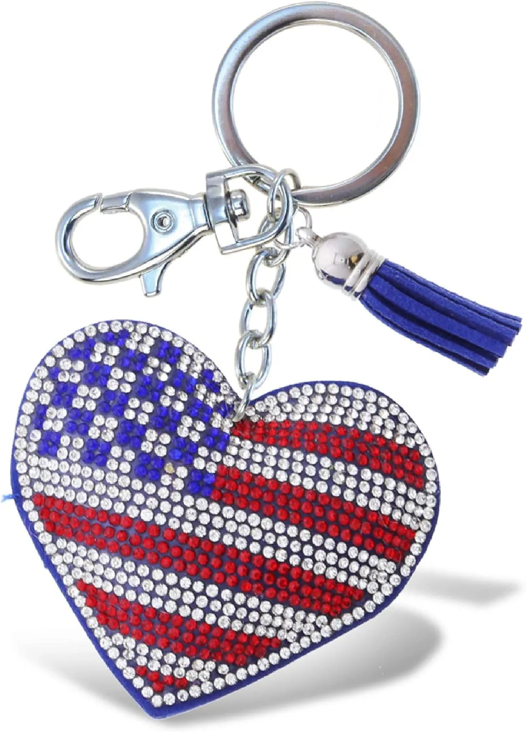 USA Flag Heart Keychain - Sparkling Rhinestones Charm with Tassel, Fashionable Stylish Polyester PU Flag Key Ring Bling Crystal Jewelry Accessory Clasp For Keychain