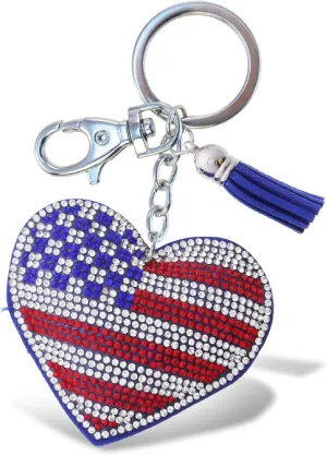 USA Flag Heart Keychain - Sparkling Rhinestones Charm with Tassel, Fashionable Stylish Polyester PU Flag Key Ring Bling Crystal Jewelry Accessory Clasp For Keychain