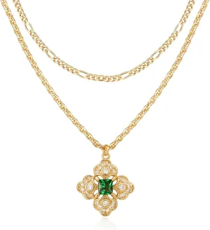 VACRONA Layered Gold Necklaces for Women 14K Gold Plated Stackable Dainty Necklace Cubic Zirconia Clover Floral Pendant Necklace Simple Chain Necklace Set Jewelry Gift for Women