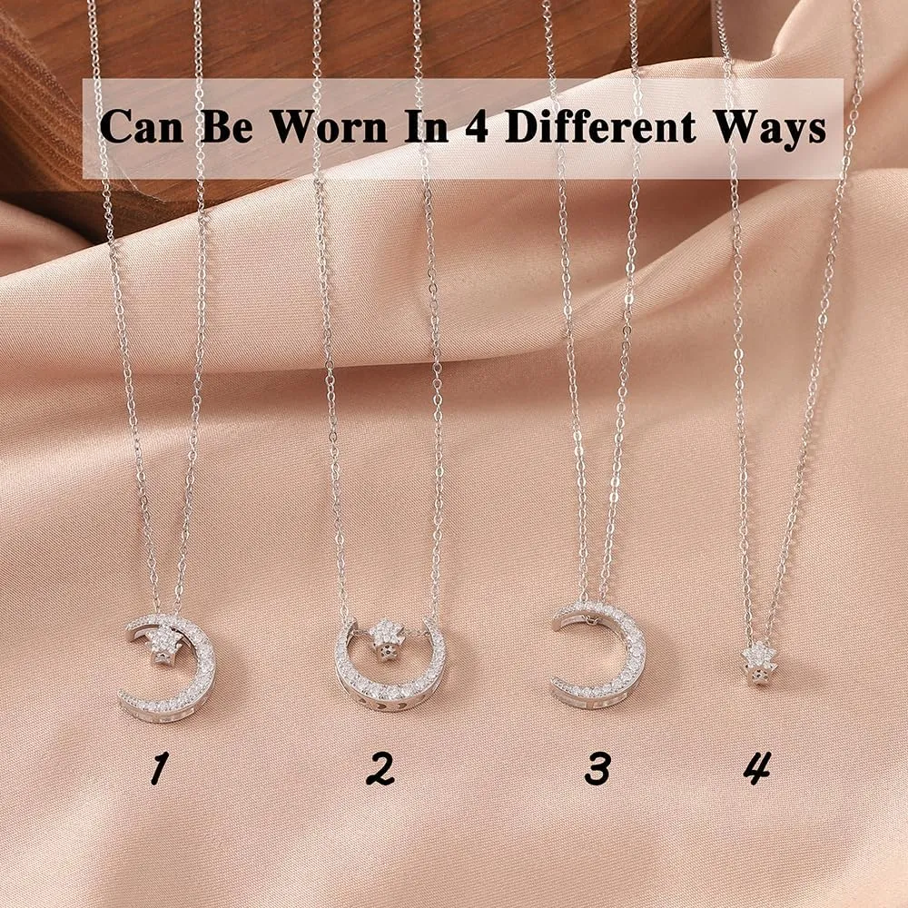 Valentines Day Mother's Day Anniversary Birthday Gift Necklace for Women, Sterling Silver Crescent Moon Necklace, Small Star Moon Necklace Simple Fashionable and Delicate, Trendy Jewelry Gift for Her