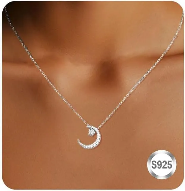 Valentines Day Mother's Day Anniversary Birthday Gift Necklace for Women, Sterling Silver Crescent Moon Necklace, Small Star Moon Necklace Simple Fashionable and Delicate, Trendy Jewelry Gift for Her