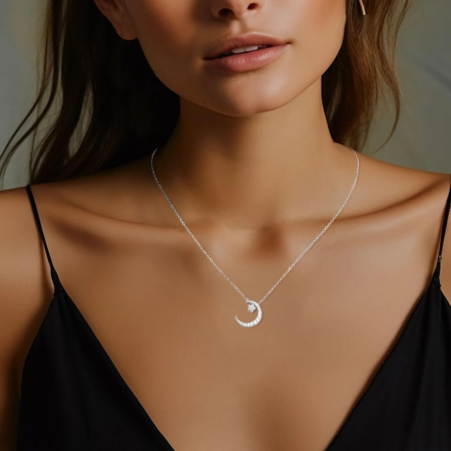 Valentines Day Mother's Day Anniversary Birthday Gift Necklace for Women, Sterling Silver Crescent Moon Necklace, Small Star Moon Necklace Simple Fashionable and Delicate, Trendy Jewelry Gift for Her