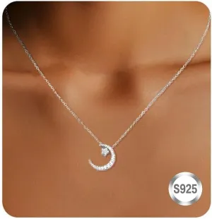 Valentines Day Mother's Day Anniversary Birthday Gift Necklace for Women, Sterling Silver Crescent Moon Necklace, Small Star Moon Necklace Simple Fashionable and Delicate, Trendy Jewelry Gift for Her