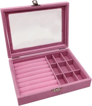 Velvet Glass Jewelry Ring Display Stand Storage Box Ring Earrings Jewelry Box Ring Holder Case (Pink)