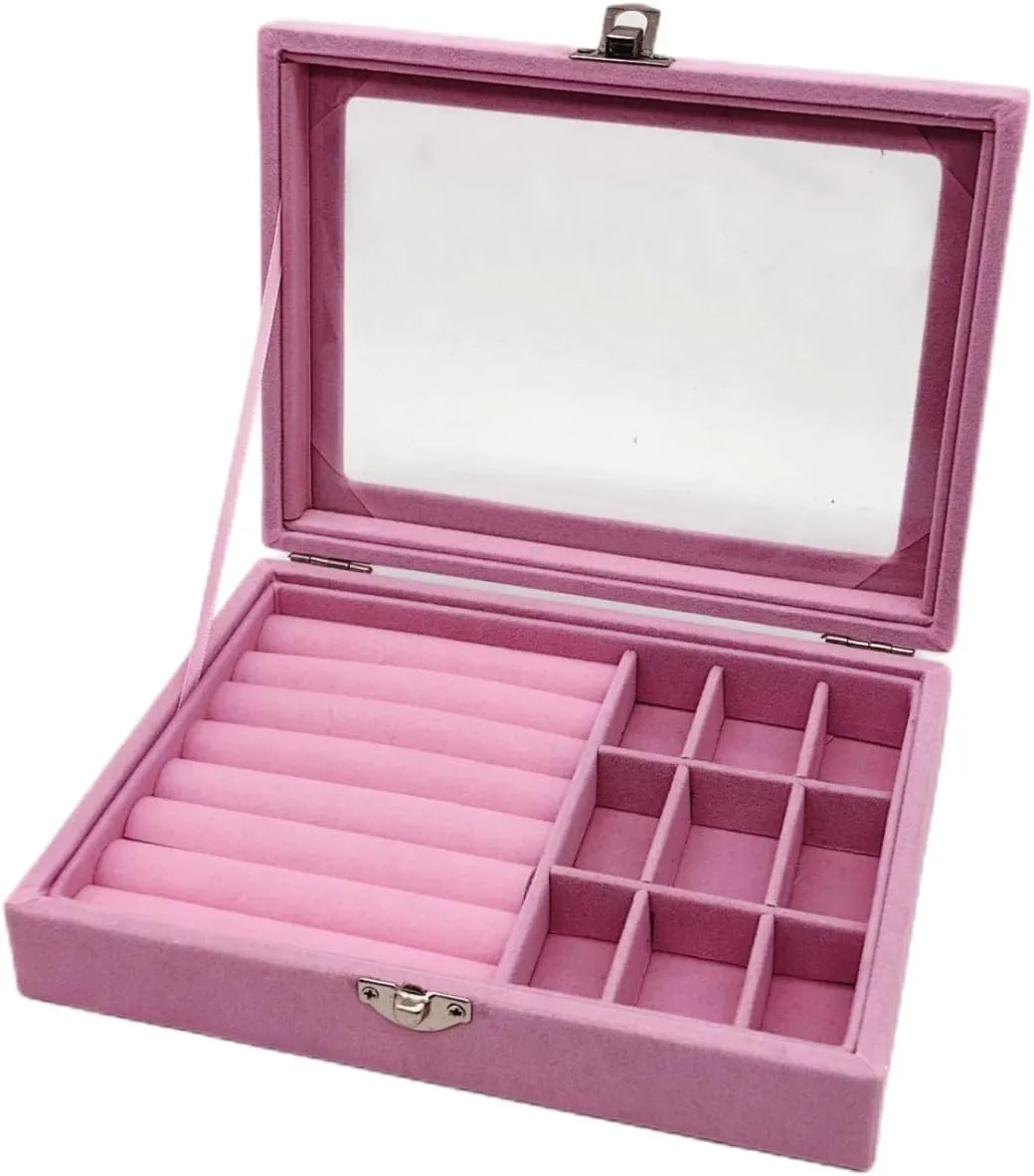 Velvet Glass Jewelry Ring Display Stand Storage Box Ring Earrings Jewelry Box Ring Holder Case (Pink)
