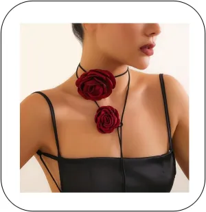 Vinatge Large Flower Choker Necklace 2pcs 3pcs Suede Long Wrap Necklaces Set Bow-knot Layered Tie Necklace with Artificial Rose Boho Party Accessories for Women