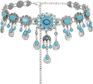 Vintage Flower Turquoise Chain Belts Silver Pear coin Pendant Metal Waist Belt Western Body Jewelry for for Women Dress Vest Jeans for Waistline 25-45inch