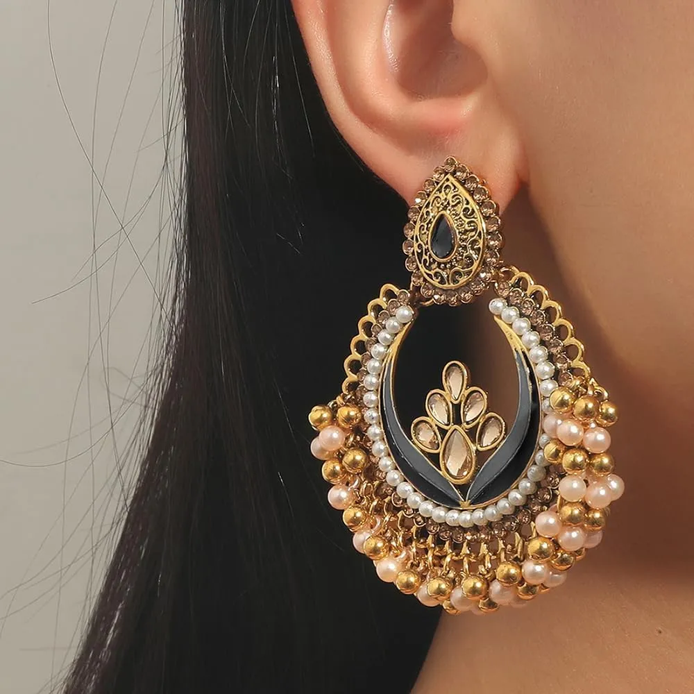Vintage Jhumka Dangle Drop Earrings Pendant Necklace for Women Crystal Pearl Bohemian Tassel Dangling Beaded Ball Earring Charm Indian Style Necklaces Jhumki Ethnic Wedding Party Oxidized Jewelry Gift