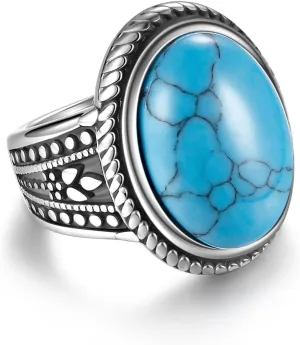 Vintage Oval Turquoise/Rose Quartz Ring for Women Stainless Steel Statement Band Stone Rings Jewelry
