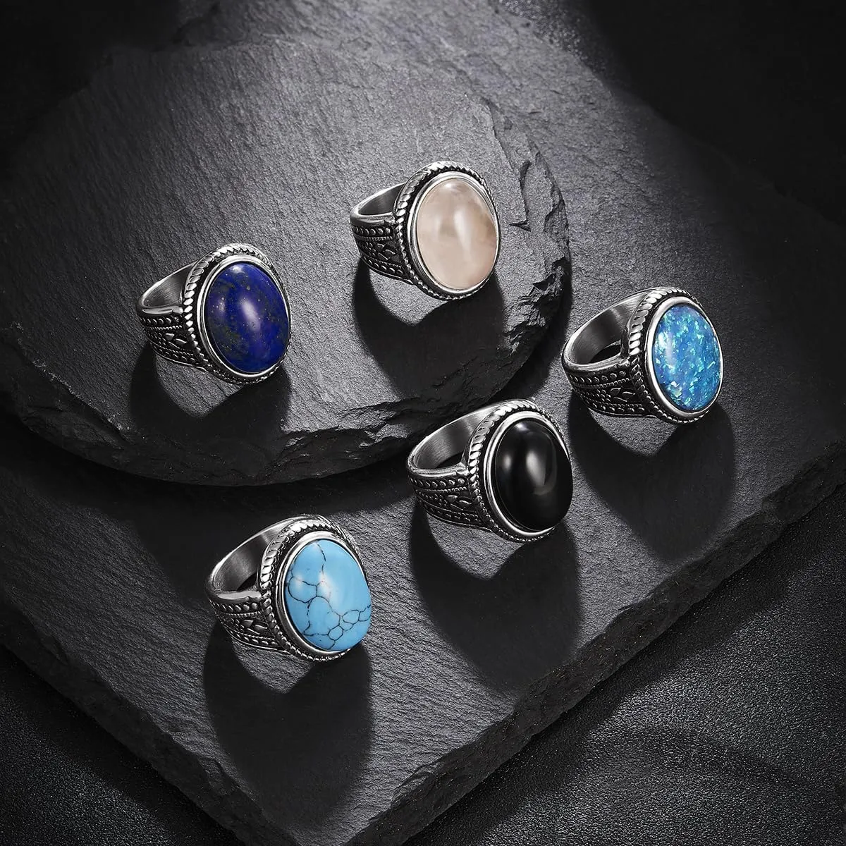 Vintage Oval Turquoise/Rose Quartz Ring for Women Stainless Steel Statement Band Stone Rings Jewelry