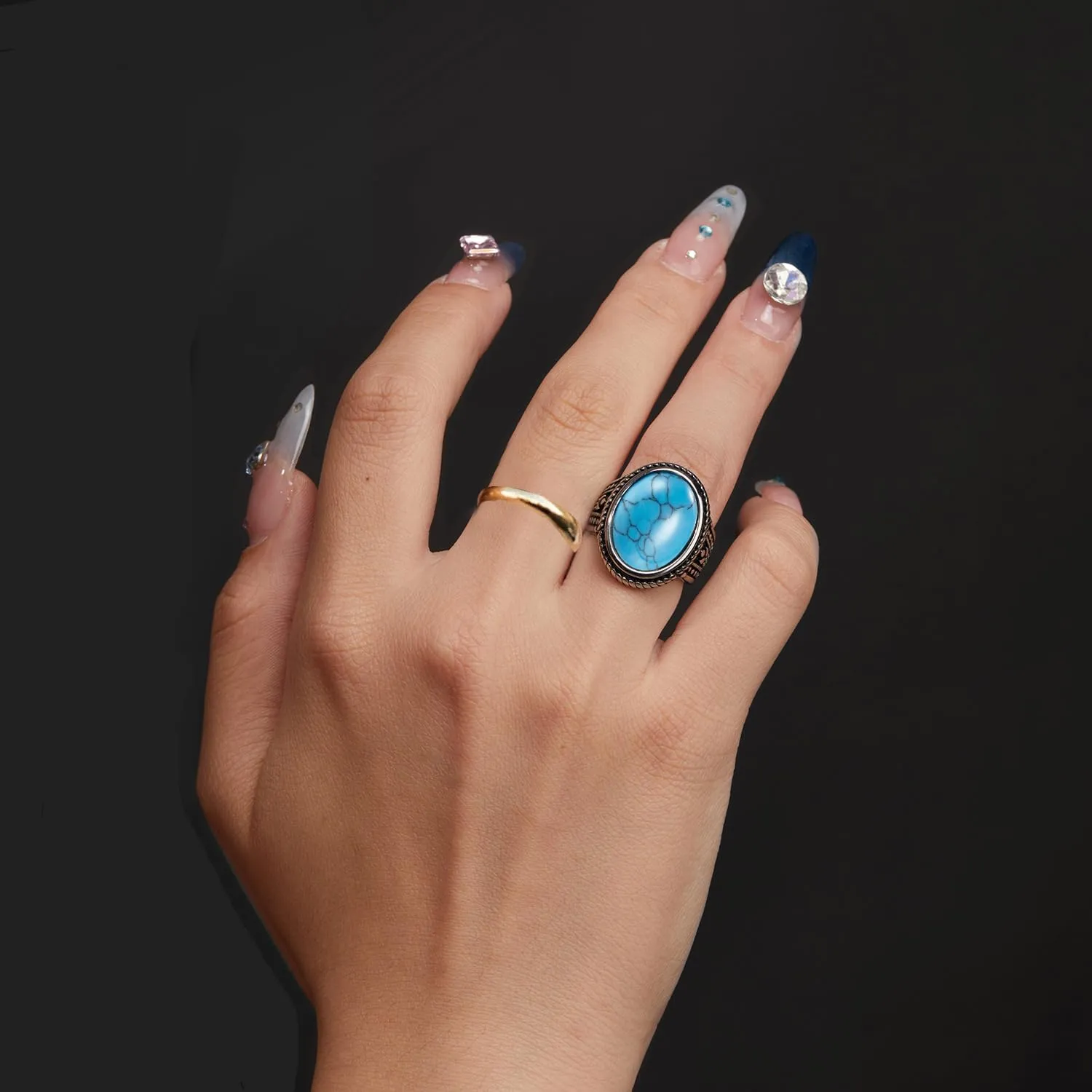 Vintage Oval Turquoise/Rose Quartz Ring for Women Stainless Steel Statement Band Stone Rings Jewelry