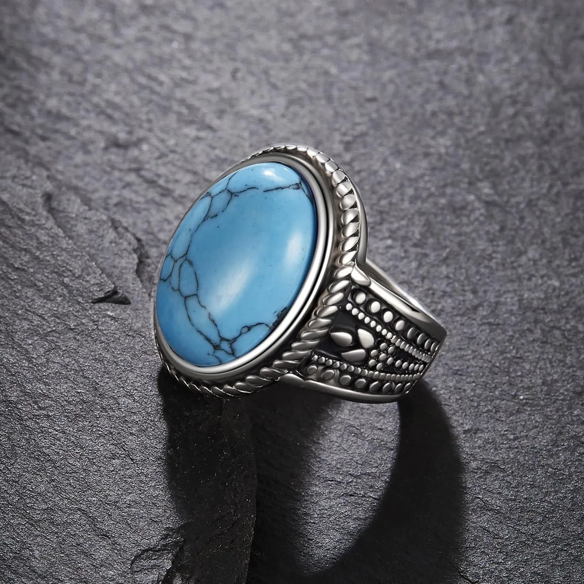 Vintage Oval Turquoise/Rose Quartz Ring for Women Stainless Steel Statement Band Stone Rings Jewelry
