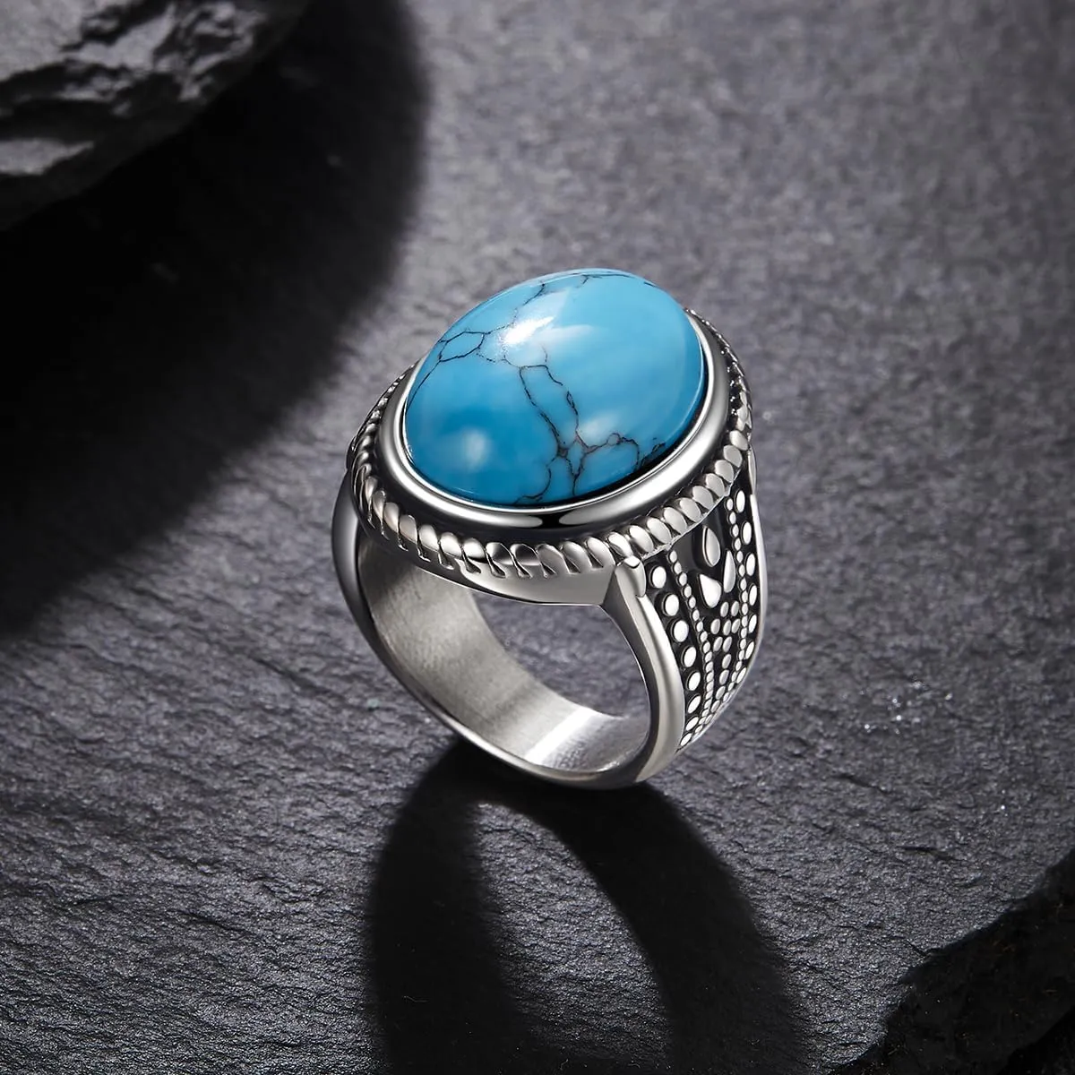 Vintage Oval Turquoise/Rose Quartz Ring for Women Stainless Steel Statement Band Stone Rings Jewelry