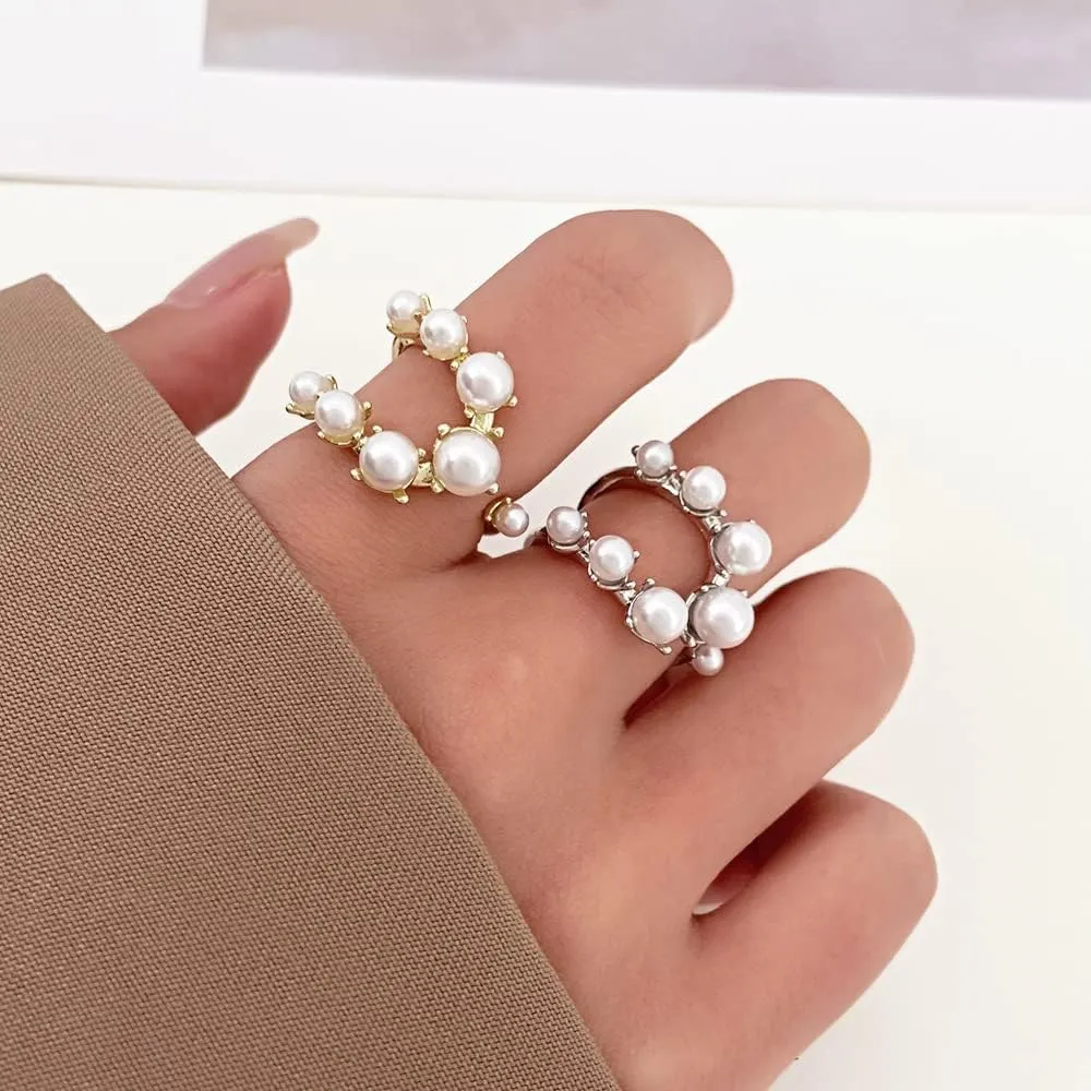 Vintage Pearl Cluster Rings - Adjustable Open Full Finger Pearl Statement Rings for Women