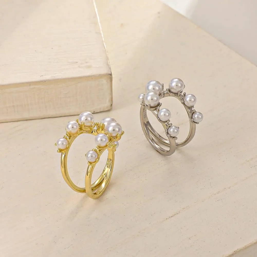 Vintage Pearl Cluster Rings - Adjustable Open Full Finger Pearl Statement Rings for Women