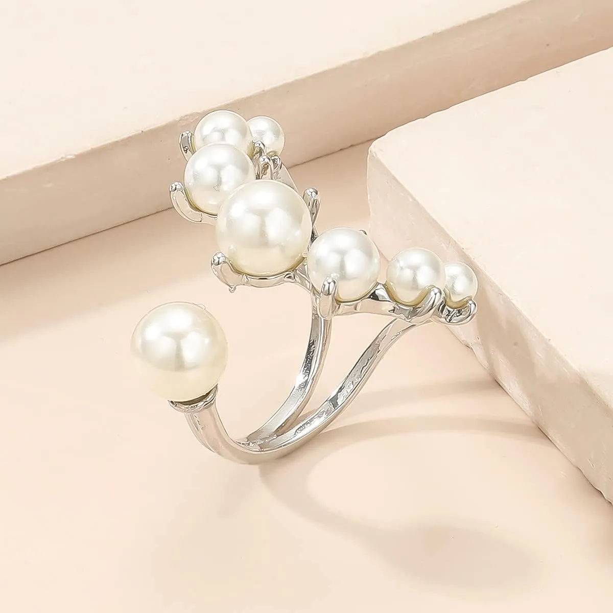 Vintage Pearl Cluster Rings - Adjustable Open Full Finger Pearl Statement Rings for Women