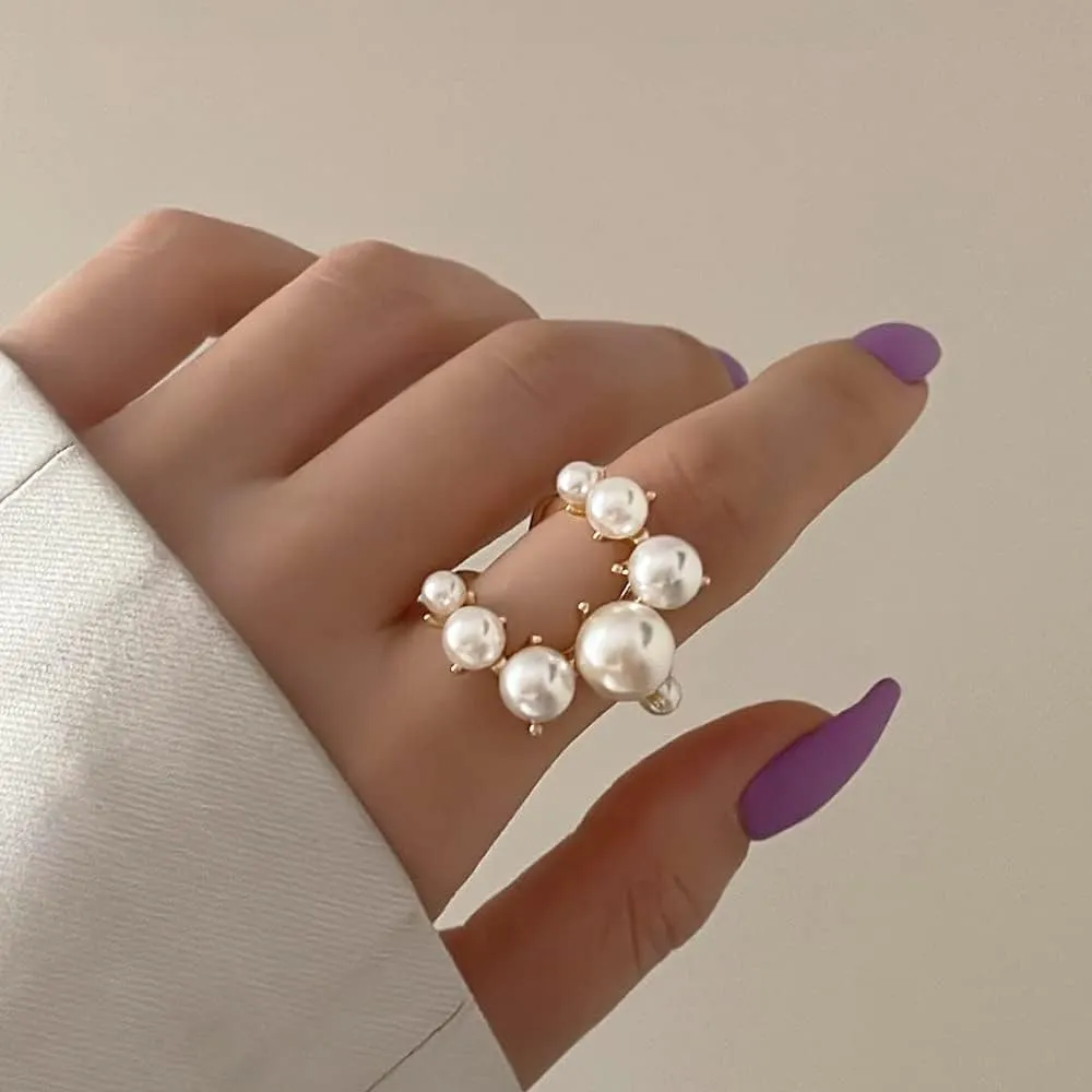 Vintage Pearl Cluster Rings - Adjustable Open Full Finger Pearl Statement Rings for Women