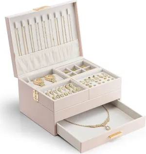 Vlando 3 Layer Jewelry Box - Women Jewelry Box with Retractable Tray - Jewelry Organizers with Drawer for Necklaces, Rings, Bracelets, Earrings, Gift for Couples Mom Girls - Pink