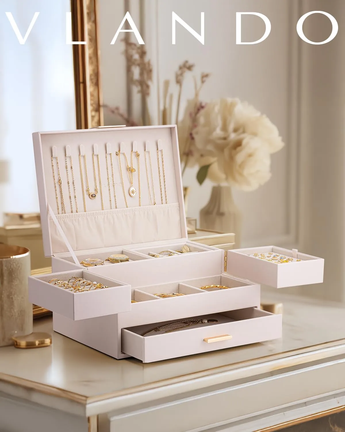 Vlando 3 Layer Jewelry Box - Women Jewelry Box with Retractable Tray - Jewelry Organizers with Drawer for Necklaces, Rings, Bracelets, Earrings, Gift for Couples Mom Girls - Pink