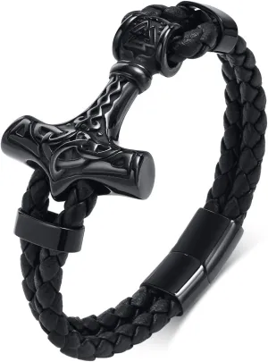 VNOX Viking Bracelet for Men - Genuine Leather Braided Viking Bracelets Vintage Thor's Hammer Wrap Cuff Wirstband Bracelets,Viking Jewelry for Men