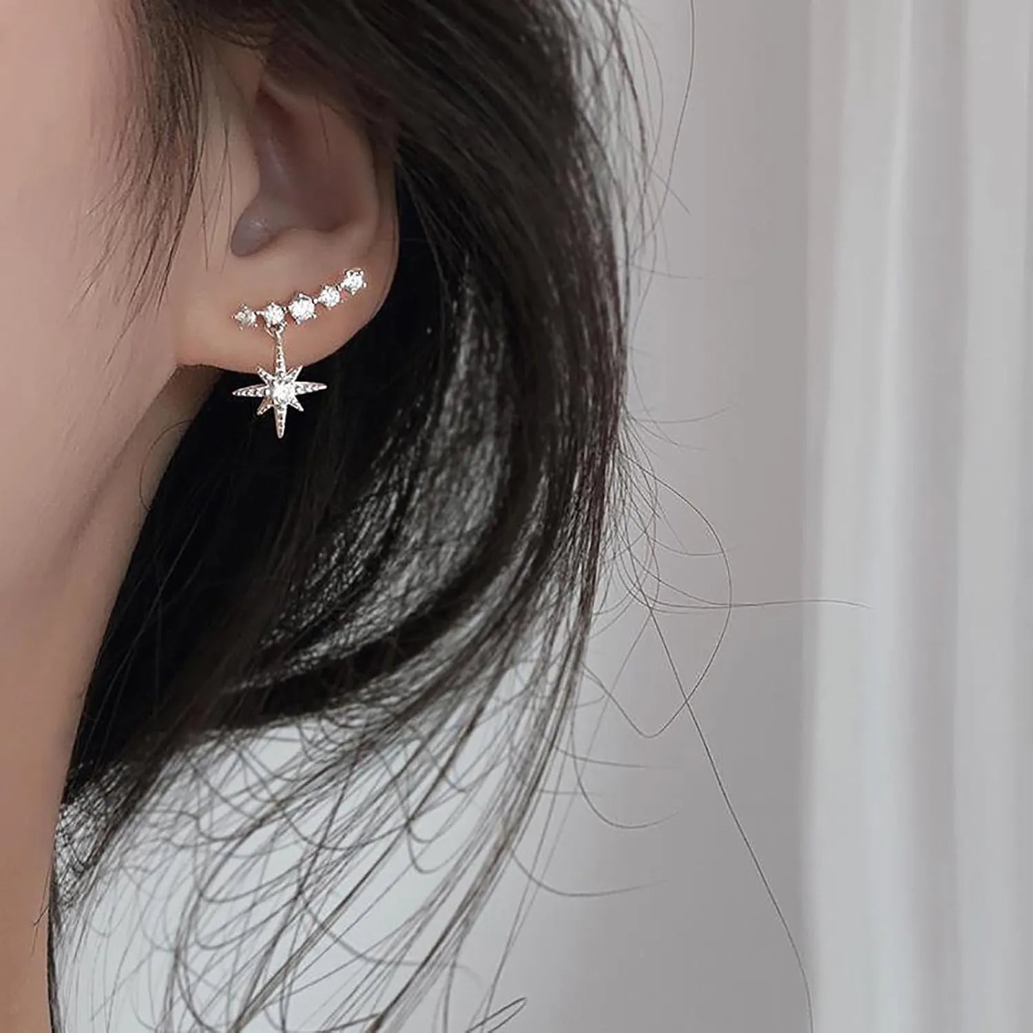 W WEILIRIAN Boho Crystal North Star Earrings for Women Cz Star Ear Crawler Earrings Rhinestone Star Dangle Earrings Silver Star Climber Earrings Jewelry for Girls Gifts (Silver)