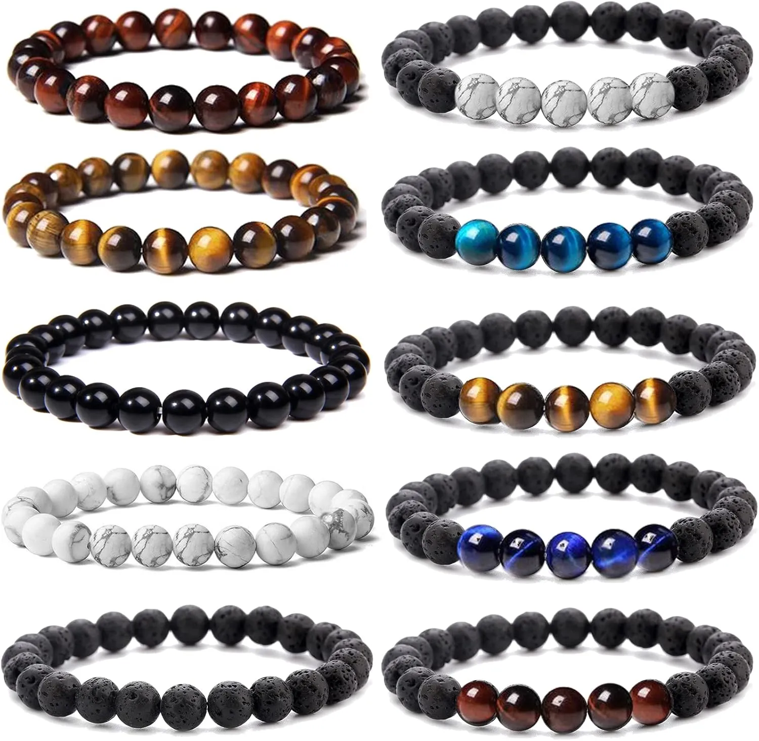 WAINIS 10 Pcs 8mm Gemstones Beaded Bracelets for Men Women Lava Stone Essential Oil Diffuser Stretch Round Bead Crystal semi-precious Bracelets Unisex