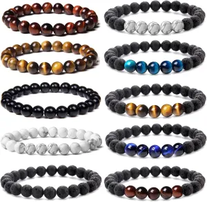 WAINIS 10 Pcs 8mm Gemstones Beaded Bracelets for Men Women Lava Stone Essential Oil Diffuser Stretch Round Bead Crystal semi-precious Bracelets Unisex