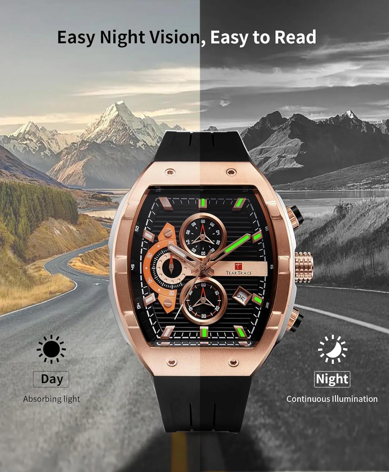 Watches for Men Analog Quartz Waterproof Sport Mens Watch Tonneau Chronograph Luminous Fashionable Unique Casual Watch with Silicone Strap