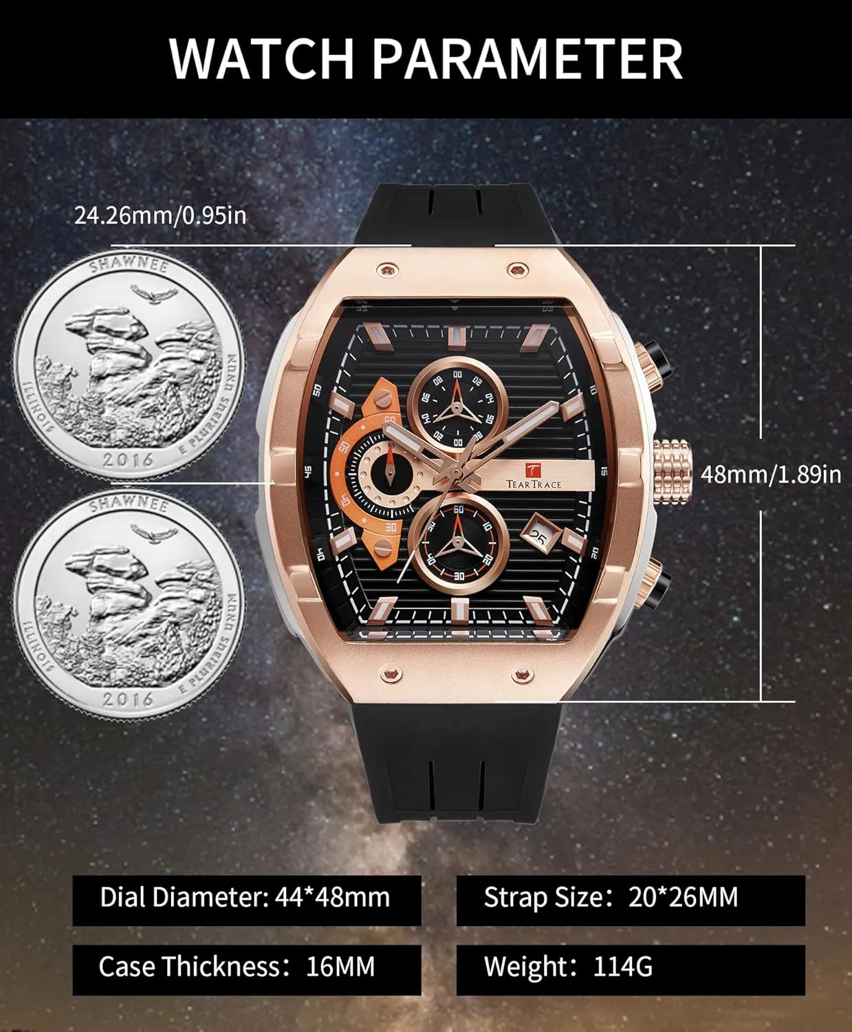 Watches for Men Analog Quartz Waterproof Sport Mens Watch Tonneau Chronograph Luminous Fashionable Unique Casual Watch with Silicone Strap