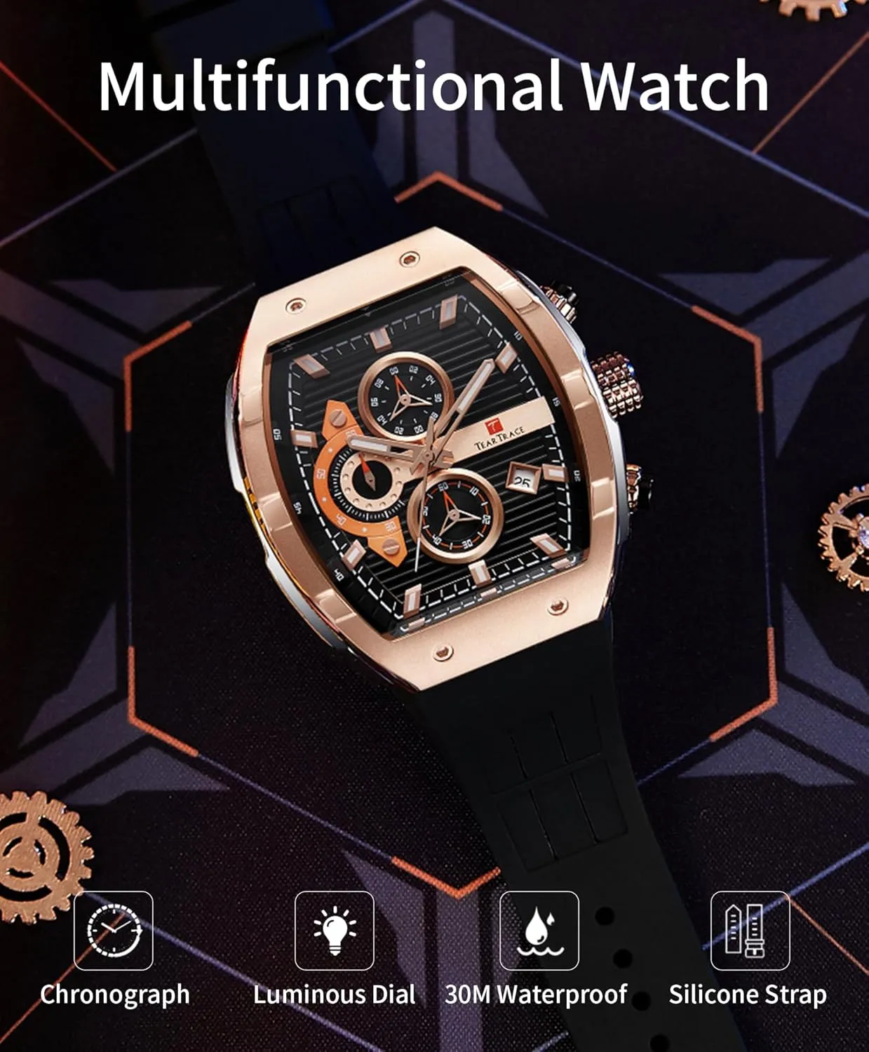 Watches for Men Analog Quartz Waterproof Sport Mens Watch Tonneau Chronograph Luminous Fashionable Unique Casual Watch with Silicone Strap