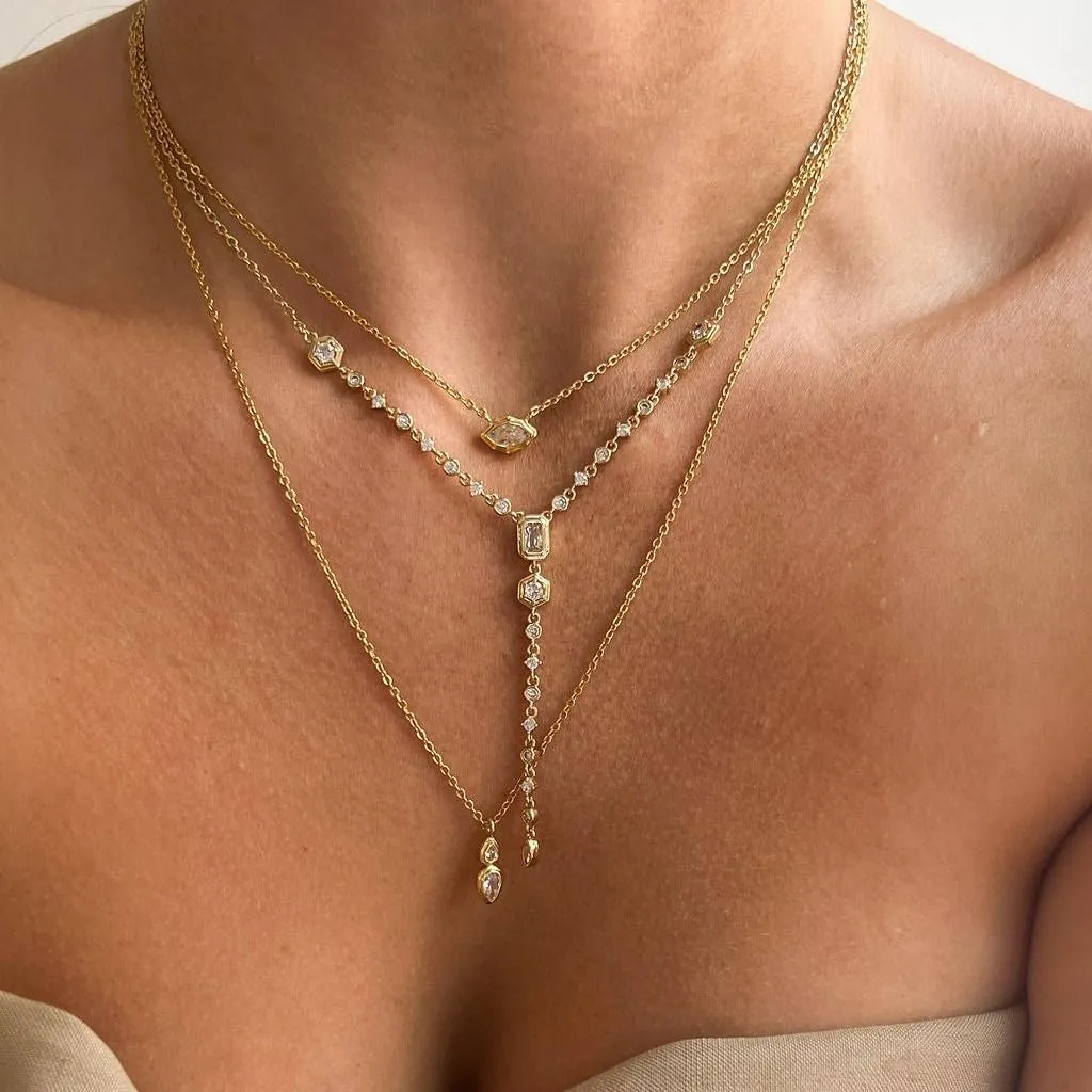 Water Drop Pear Marquise Asscher Cut Zircon Pendant Stacked Necklace Simple and Fashionable 18K Gold Plated Copper Multi Layered Zircon Necklace