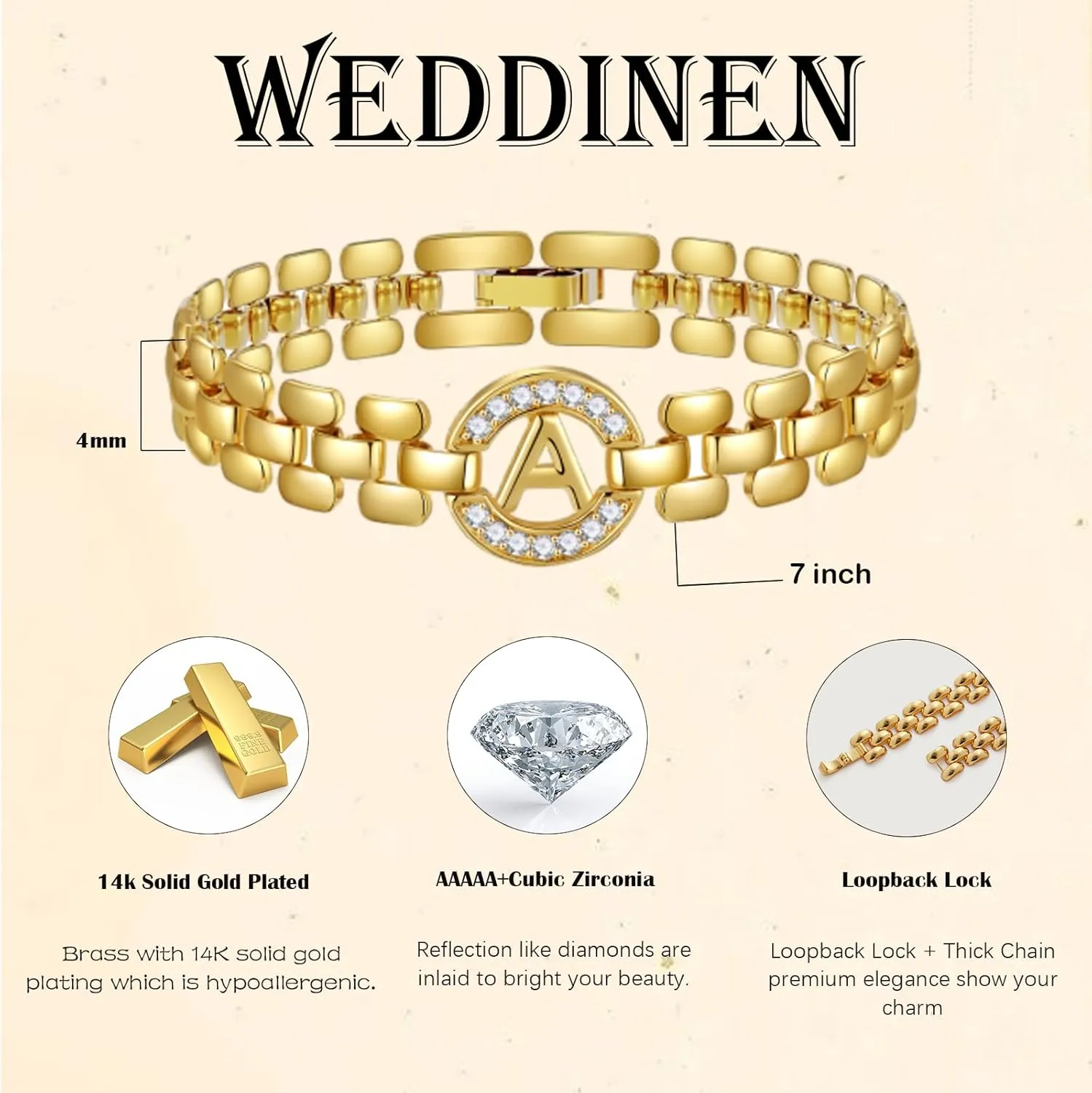 WEDDINEN Initial Bracelets for Women, 14K Gold Plated Letter A-Z Bracelets with Diamonds,Thick Chain Bracelet for Women trendy Jewelry Gifts