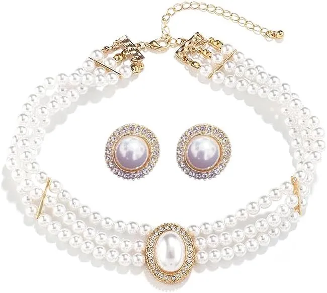 Wedding Bridal Cultured Pearl Layered Necklace with Cubic Zirconia Crystal Baroque Pearls Stud Earrings Set for Women Adjustable Chain Choker Necklace Elegant Jewelry Gifts for Wife