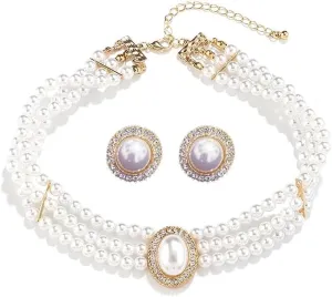 Wedding Bridal Cultured Pearl Layered Necklace with Cubic Zirconia Crystal Baroque Pearls Stud Earrings Set for Women Adjustable Chain Choker Necklace Elegant Jewelry Gifts for Wife