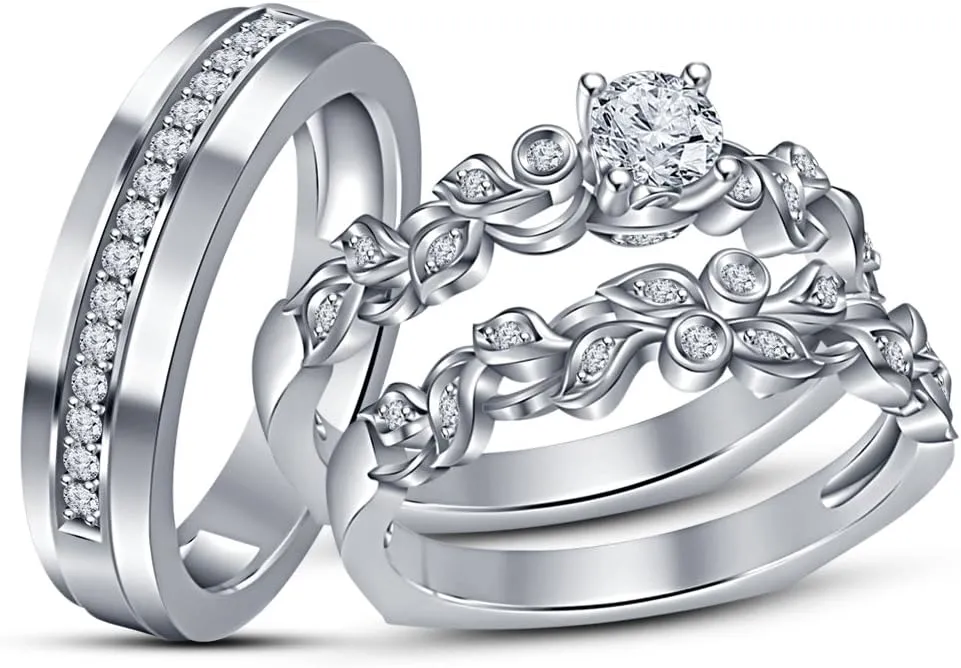 Wedding ring set Two Rings His Hers Couples Matching Rings Women's 2pc White Gold Plated Wedding Engagement Bridal Sets & Men's Wedding Band Women's Size 10 & Men's Size 11