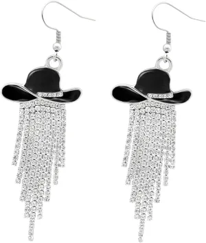 Western Cowgirl Earrings Ladies Enamel Hat Shiny Crystal Waterfall Tassel Dangle Earrings Jewelry Gifts for Women