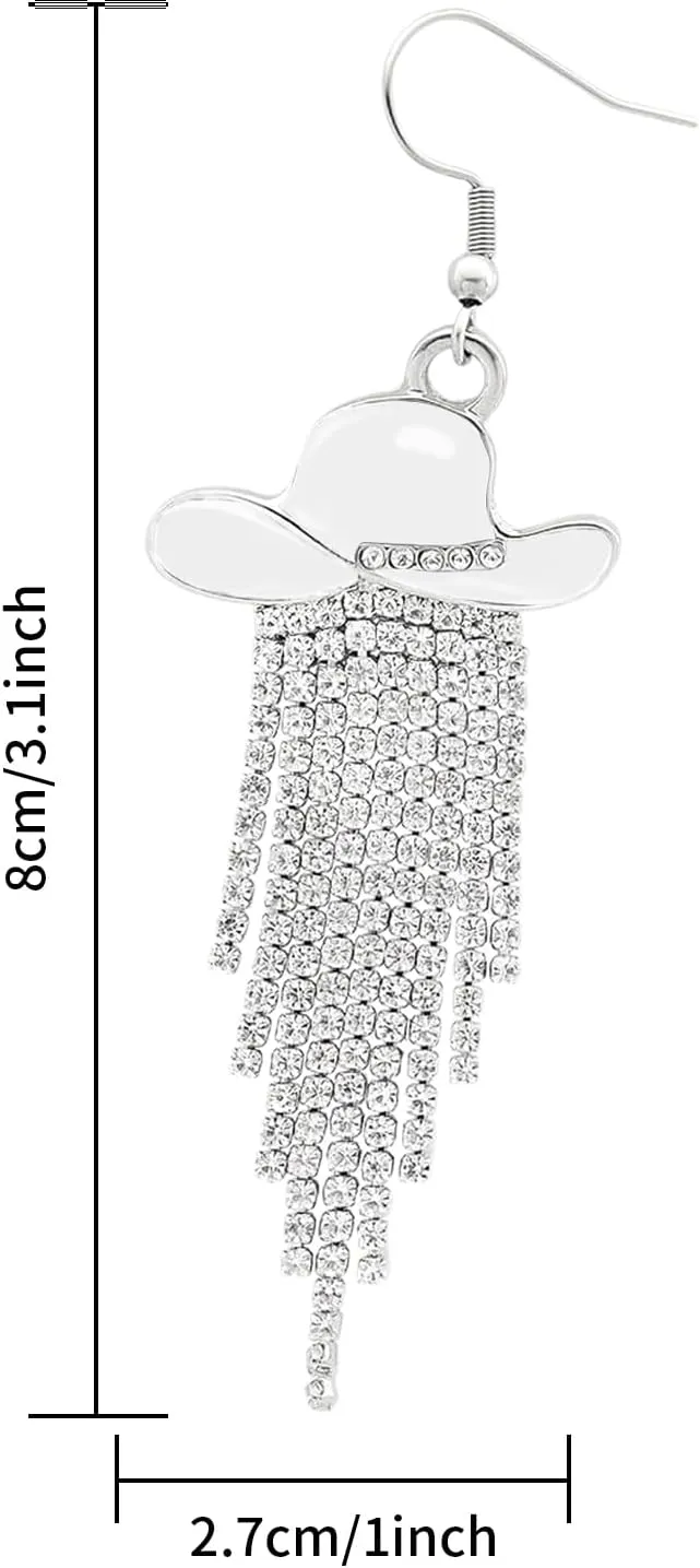 Western Cowgirl Earrings Ladies Enamel Hat Shiny Crystal Waterfall Tassel Dangle Earrings Jewelry Gifts for Women