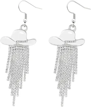Western Cowgirl Earrings Ladies Enamel Hat Shiny Crystal Waterfall Tassel Dangle Earrings Jewelry Gifts for Women