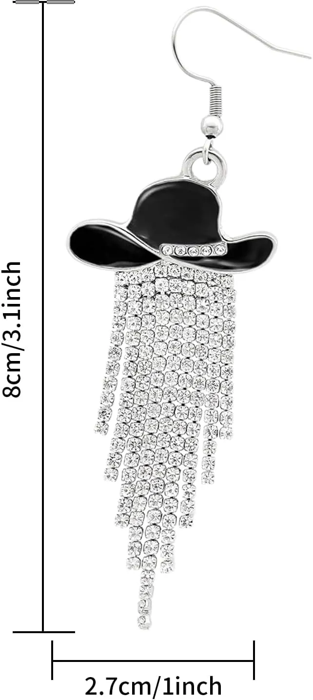 Western Cowgirl Earrings Ladies Enamel Hat Shiny Crystal Waterfall Tassel Dangle Earrings Jewelry Gifts for Women