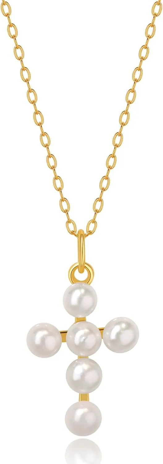 Wicary Pearl Cross Necklace for Women Sterling Silver Freshwater Pearl Pendant Necklaces Christian Jewelry for Women Meaning Gifts for Anniversary Wedding Bridesmaid