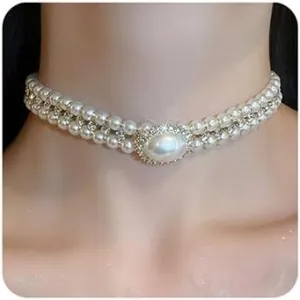 Wiwpar 2 Tier Boho 1920s Multilayer Choker Big Rhinestones Pearl Pendant Choker Necklaces Christmas Wedding Birthday Gifts for Women