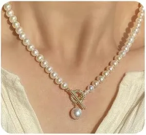 Wiwpar Pearl Necklaces Choker for Women White Pearl Choker Dainty Toggle Clasp Necklace Jewelry Gifts Pearl Pendant Necklace