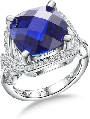 Womens Birthstone Engagement Ring 925 Sterling Silver Oval Cushion Cut Sapphire/Ruby/Emerald/Opal Gemstone Anniversary Ring Big Statement Cocktail Halo Ring Size 6 to 10 (with Gift Box)
