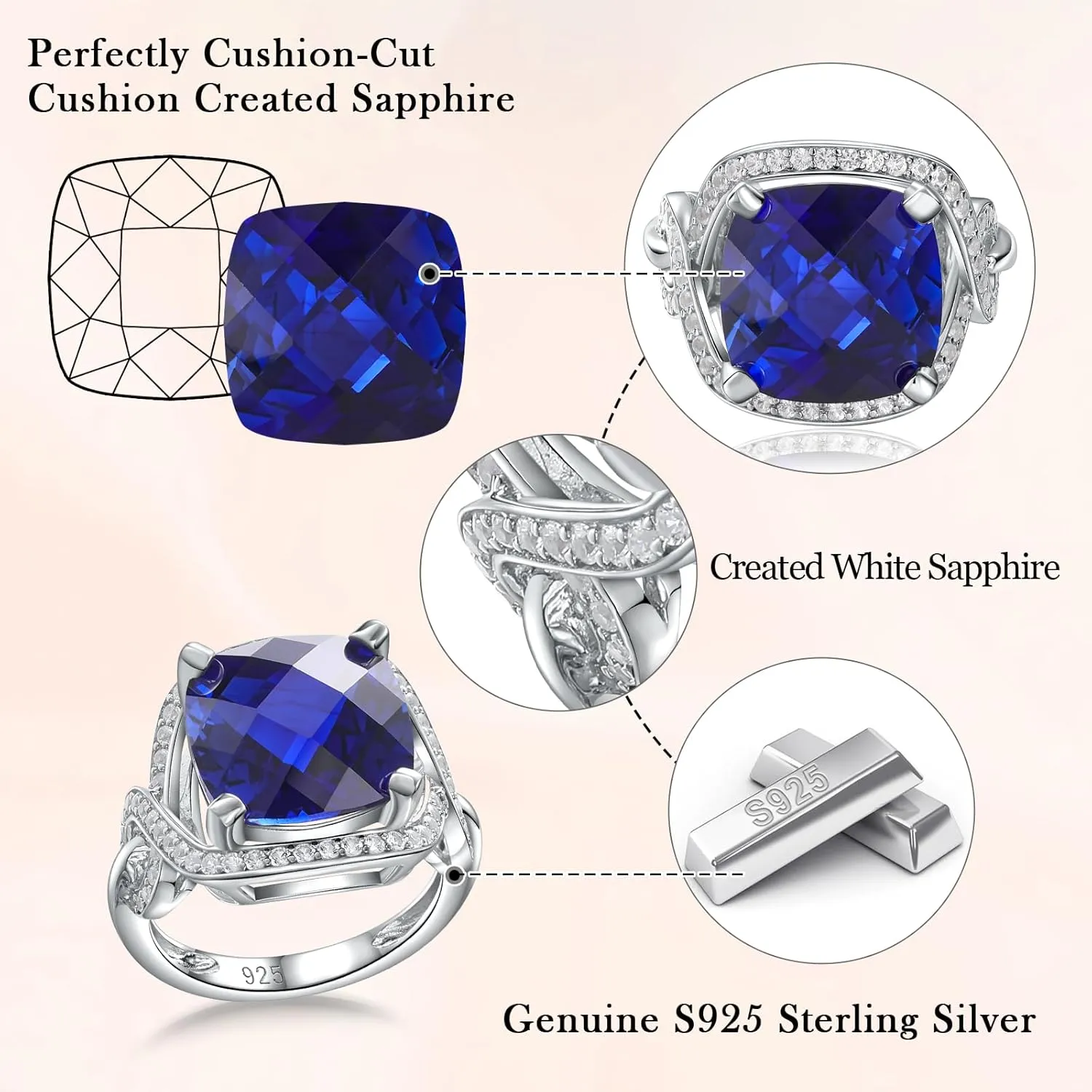 Womens Birthstone Engagement Ring 925 Sterling Silver Oval Cushion Cut Sapphire/Ruby/Emerald/Opal Gemstone Anniversary Ring Big Statement Cocktail Halo Ring Size 6 to 10 (with Gift Box)