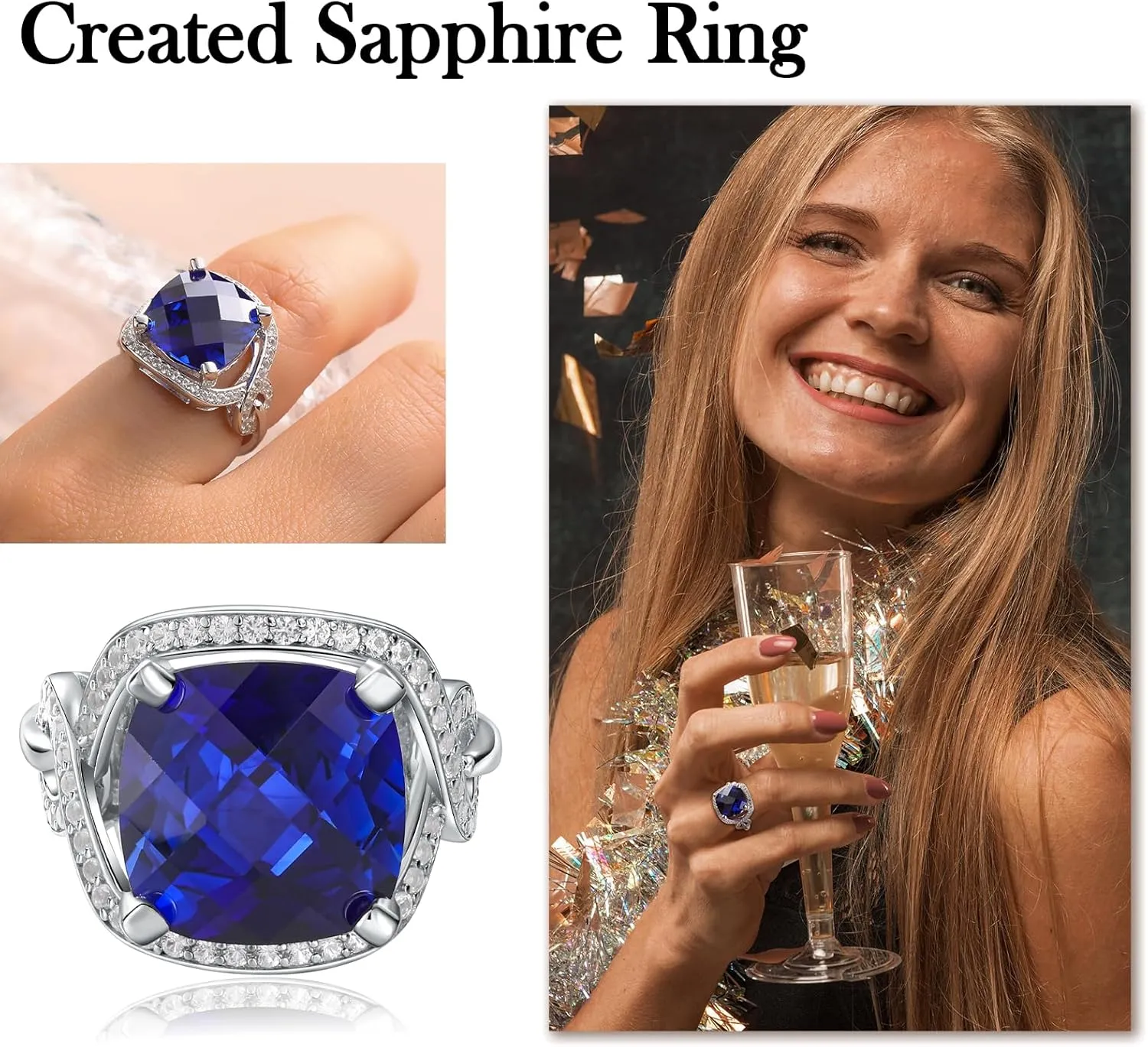 Womens Birthstone Engagement Ring 925 Sterling Silver Oval Cushion Cut Sapphire/Ruby/Emerald/Opal Gemstone Anniversary Ring Big Statement Cocktail Halo Ring Size 6 to 10 (with Gift Box)