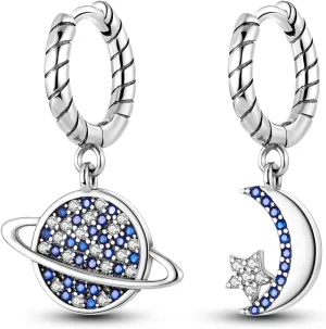 Women's Hypoallergenic Planet, Moon & Stars Dangle Earrings in 925 Sterling Silver with Cubic Zirconia, Hinged Hoop Back Finding - Fashionable Lightweight Jewelry