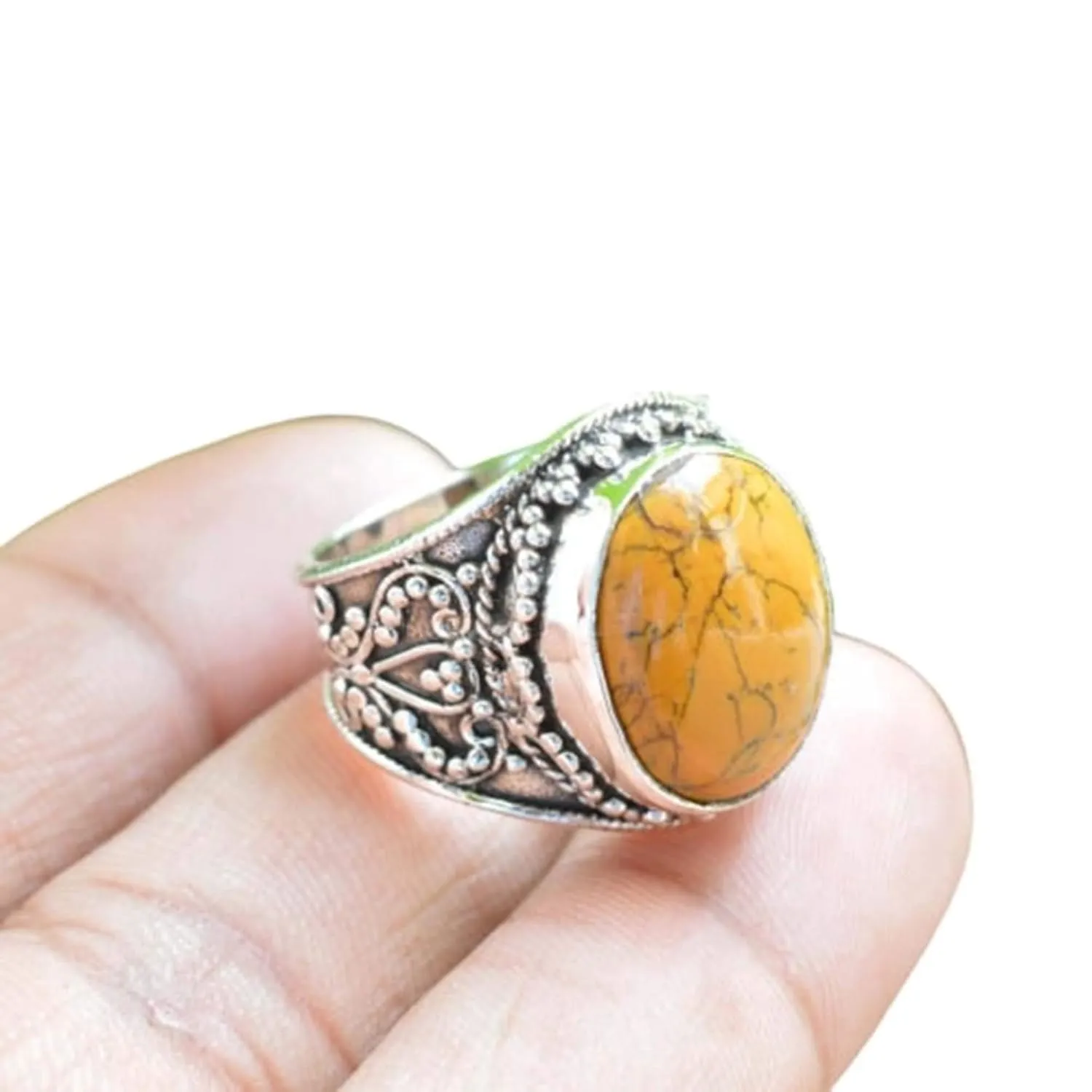 yellow turquoise ring 925 sterling silver ring bohemian ring oval turquoise ring vintage style ring gemstone ring turquoise jewelry unisex ring beaded design ring engagement ring gift for her