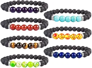 YISSION 7 Chakra Bracelets for Women Men, Essential Oil Beaded Bracelets, Lava Rock Natural Stone Yoga Bracelet Stretch Bracelet Set